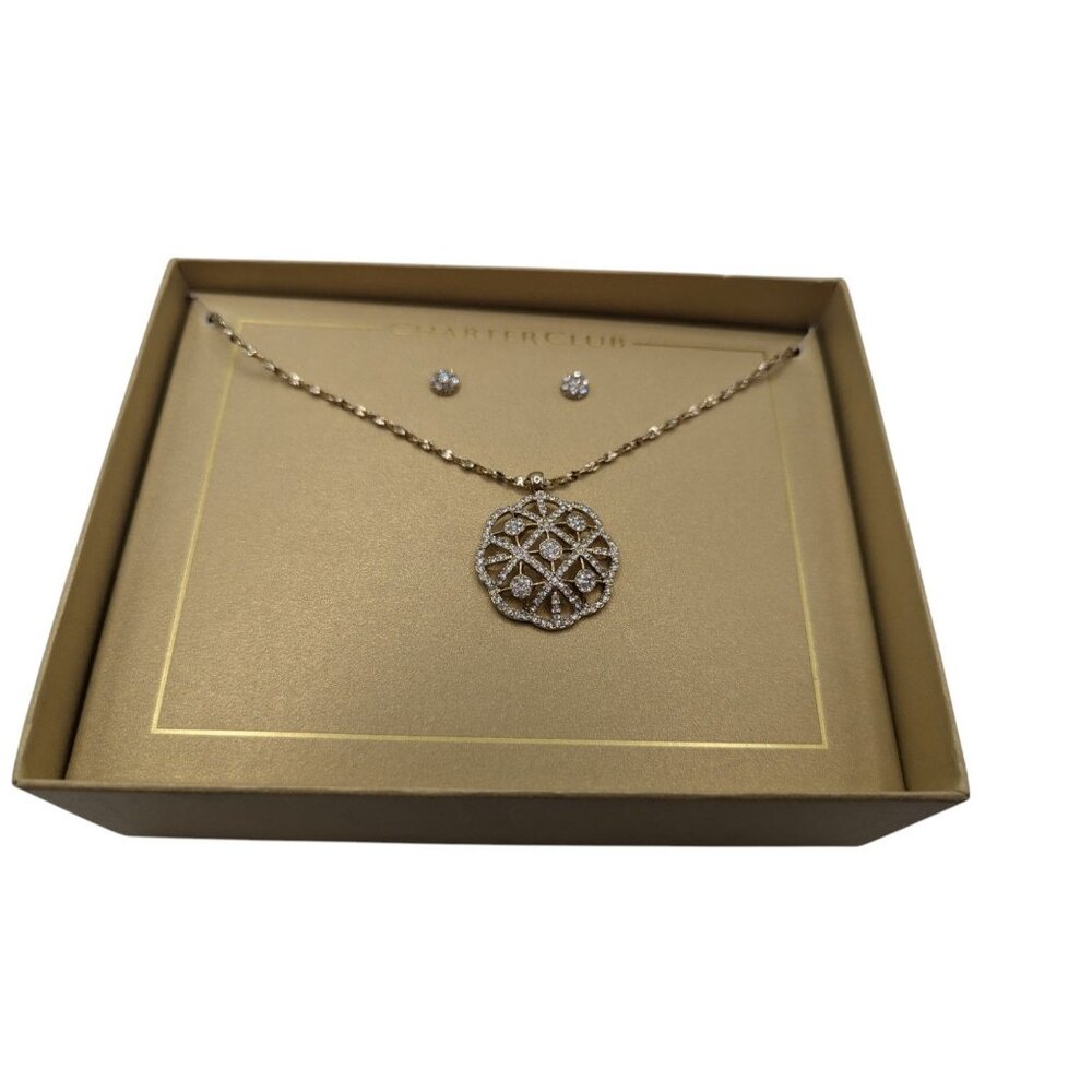 Charter Club Gold-Tone Necklace & Earring Set With Sparkling Pendant & Studs In - Picture 9 of 9